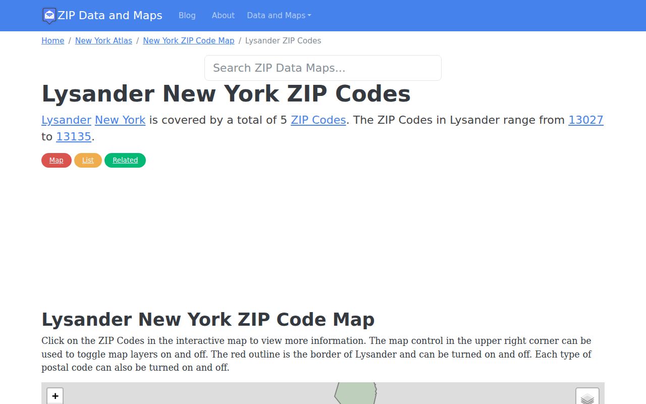 Lysander ZIP code directory map reference for postal areas